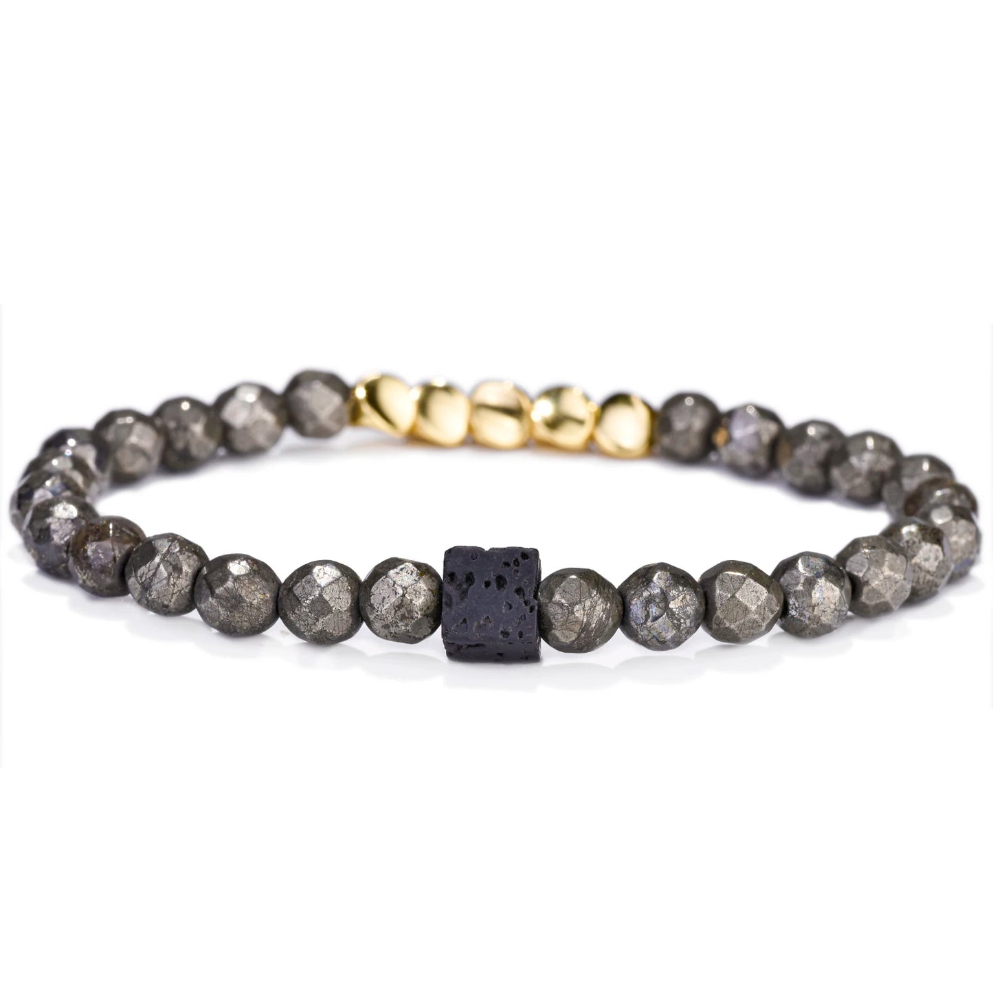 Pulseira de Pirite, Pedra Vulcânica e Ouro – Prosperidade Absoluta