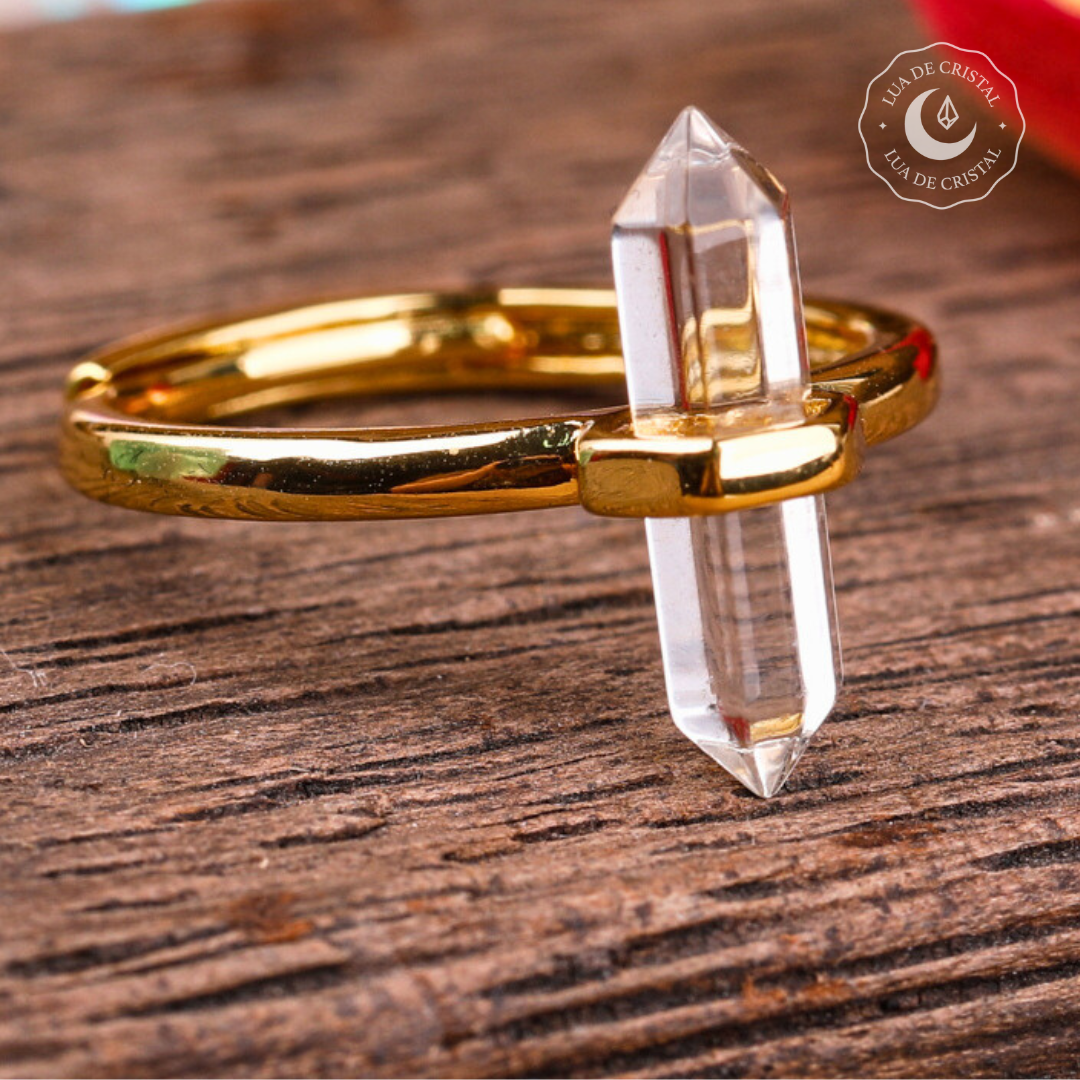Anel Prisma de Luz - Quartzo Cristal - banhado a ouro 18k