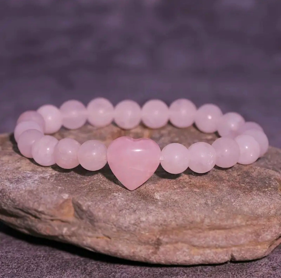 Pulseira de Quartzo Rosa com Coração - Amor-Próprio e Compaixão