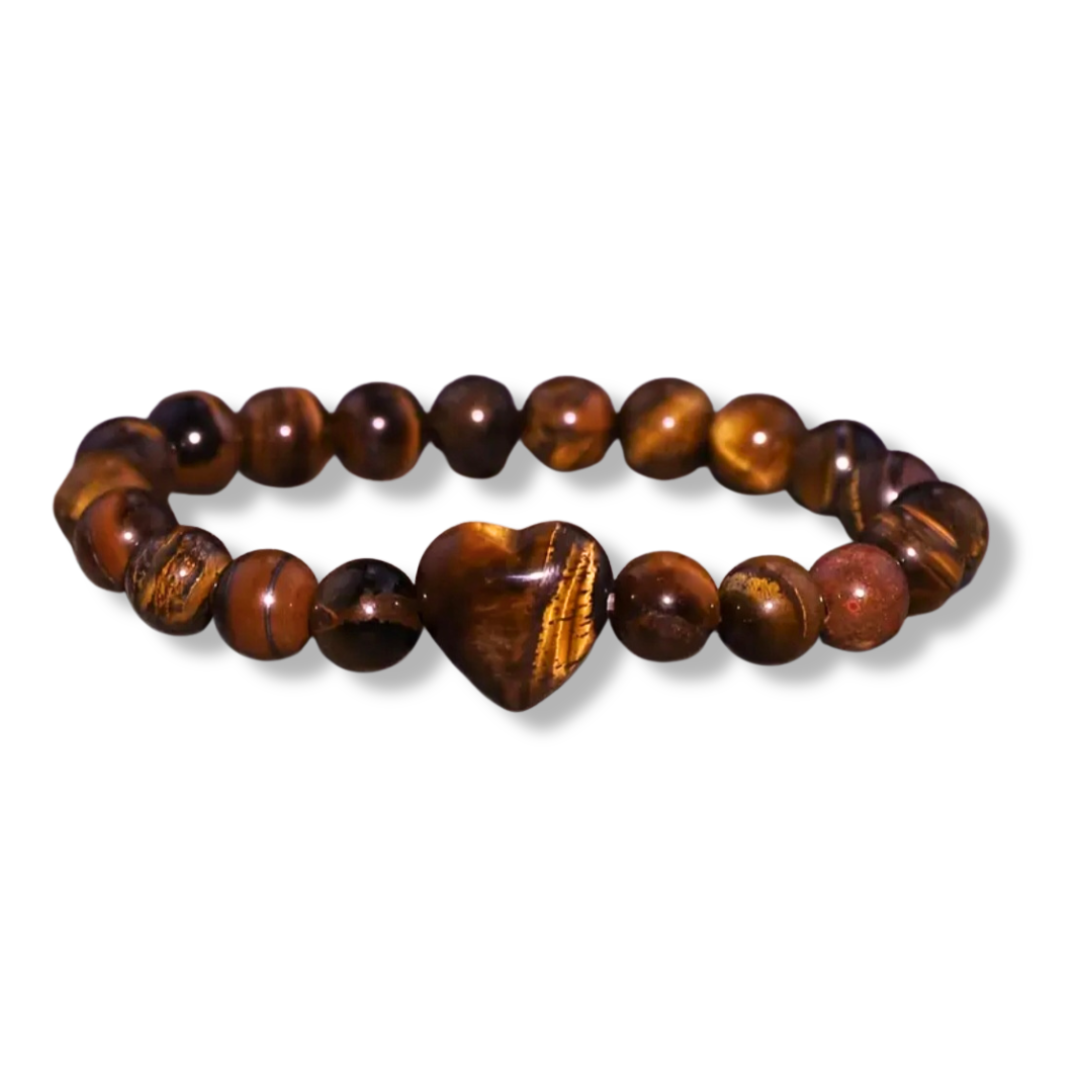 Pulseira de Olho de Tigre com Coração - Proteção e Estabilidade