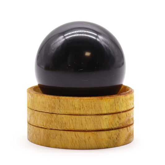Esfera de Cristal de Turmalina Negra com Base de Madeira