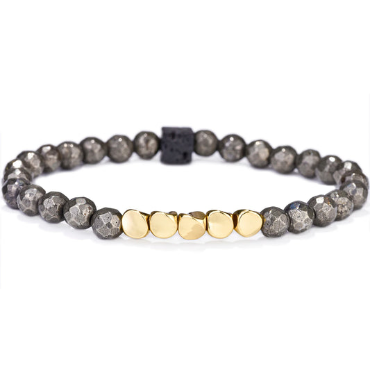 Pulseira de Pirite, Pedra Vulcânica e Ouro – Prosperidade Absoluta
