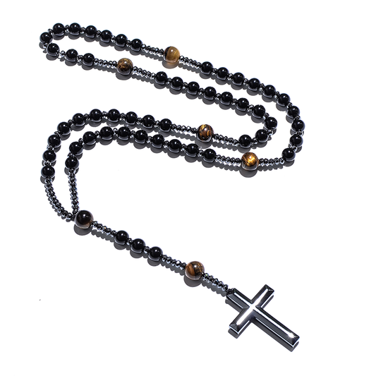 Terço de Ónix Preto & Olho de Tigre com Cruz de Hematita – Força & Proteção
