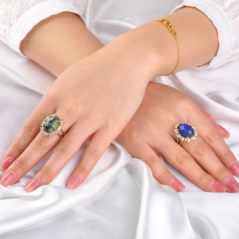 Anéis em Pedra Natural com Zircónias Banhado a Ouro 18k