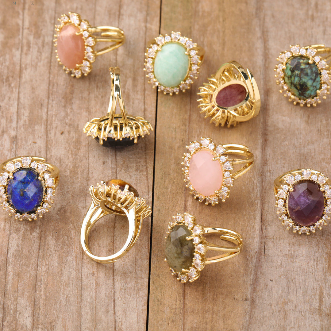 Anéis em Pedra Natural com Zircónias Banhado a Ouro 18k