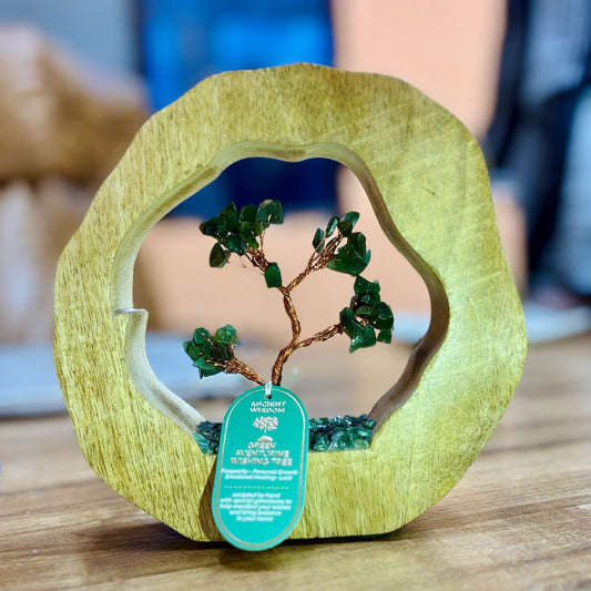 Árvore de Cristais – Aventurina Verde com Base em Madeira de Manga