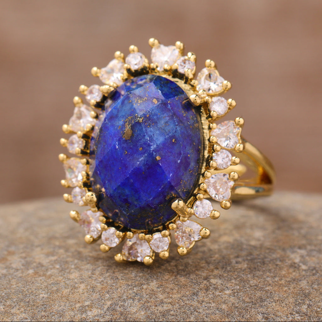 Anel de Lápis-Lazuli - Sabedoria e Intuição | Banhado a Ouro 18k com Zircónias