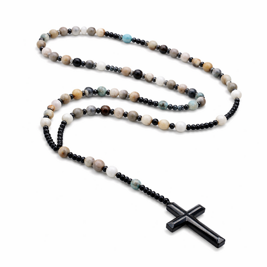 Terço de Amazonita com Cruz de Hematita – Serenidade & Proteção