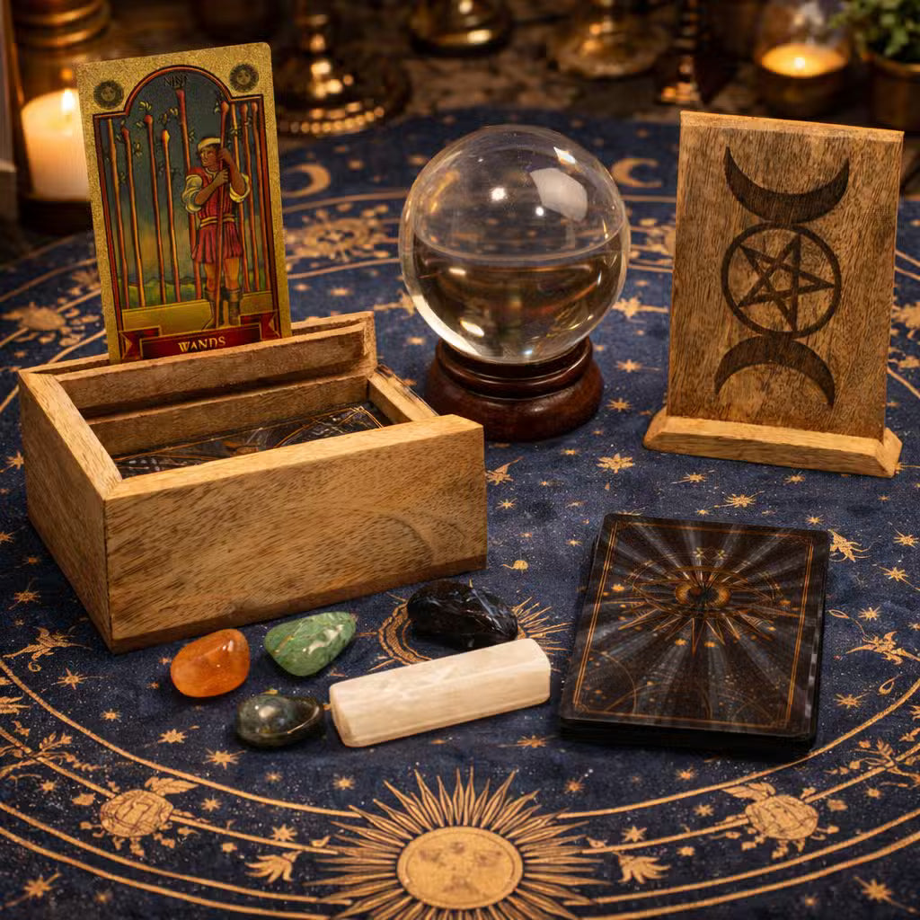 Caixa de Tarot de Madeira com Suporte para Cartas