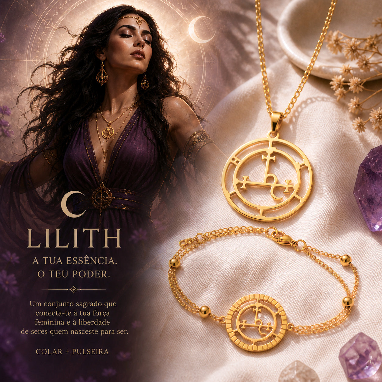Conjunto Sigilo de Lilith de Aço Inoxidável – A Força do Feminino
