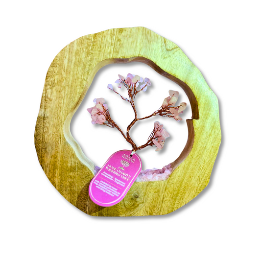 Árvore de Cristais – Quartzo Rosa com Base em Madeira de Manga
