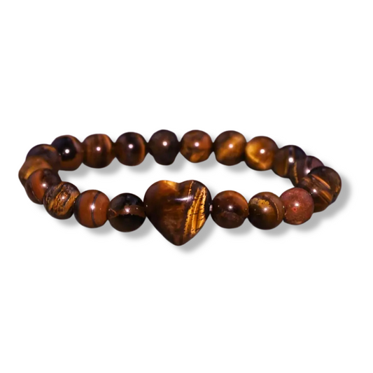 Pulseira de Olho de Tigre com Coração - Proteção e Estabilidade